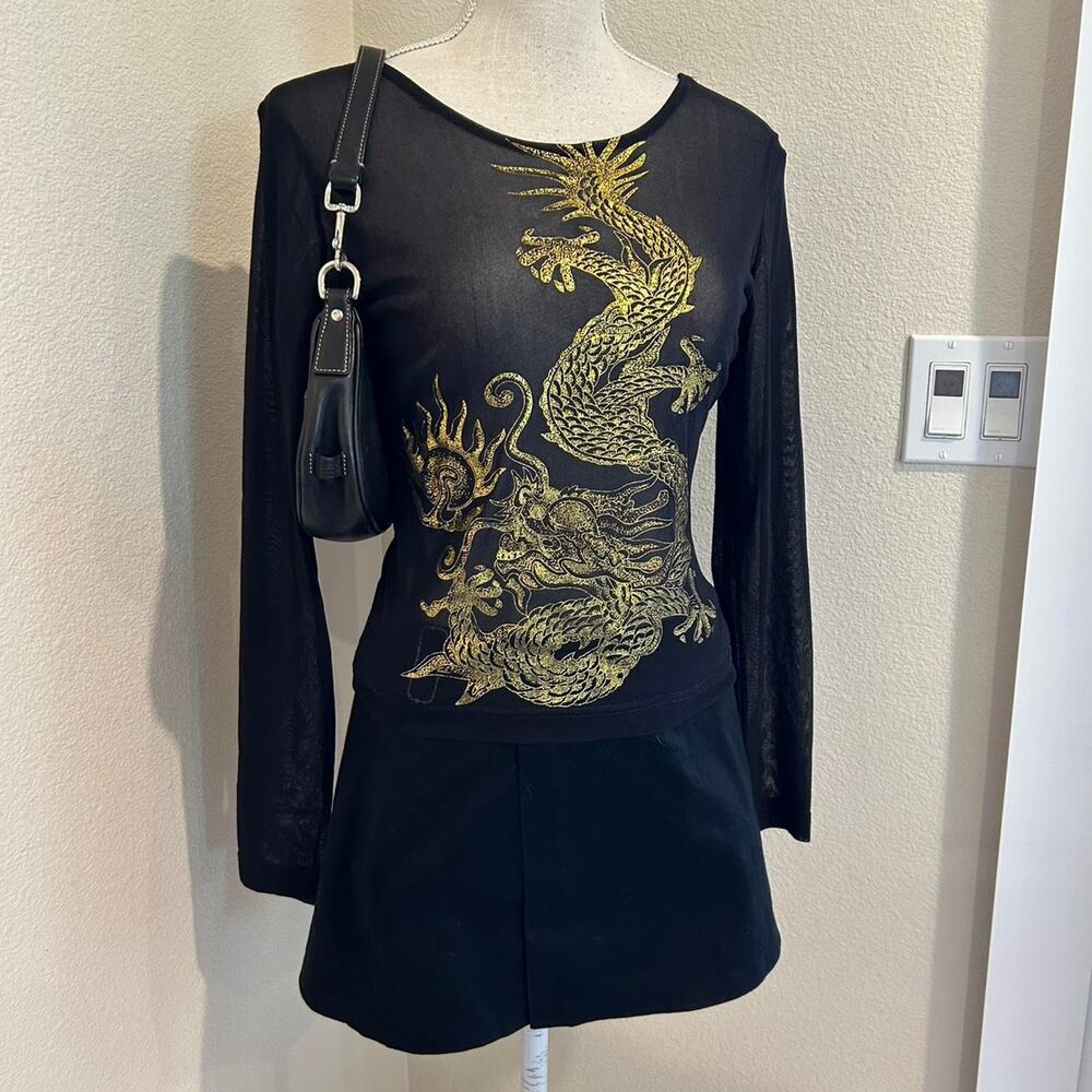 Reflections by Spiegel black and gold drangon mesh top. Size medium